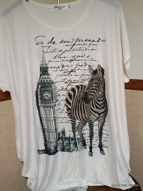 Portman- White Stoned Graphic Zebra & Big Ben Print Women's Top